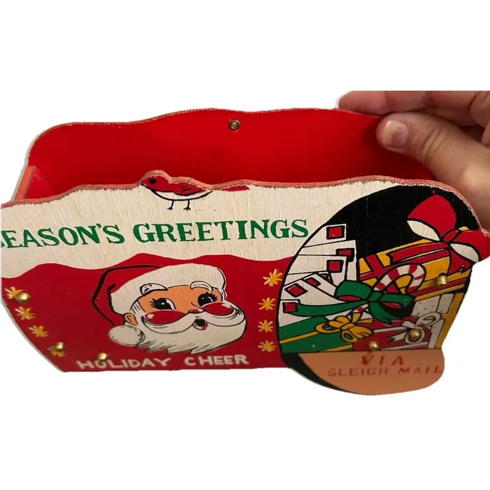 Vintage 50s Santa’s Mailbox card holder Christmas decor Folding Wood 1950s Japan